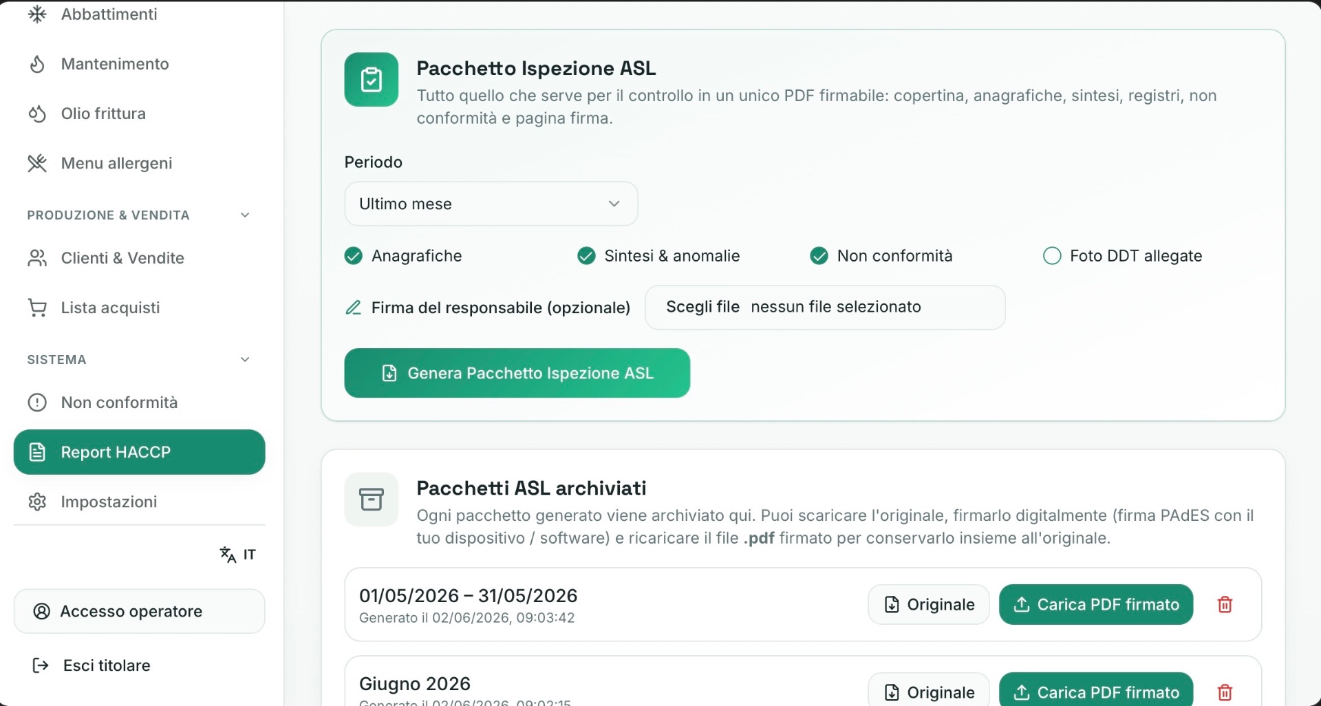 Pacchetto Ispezione ASL: anagrafiche, sintesi, non conformità, firma
