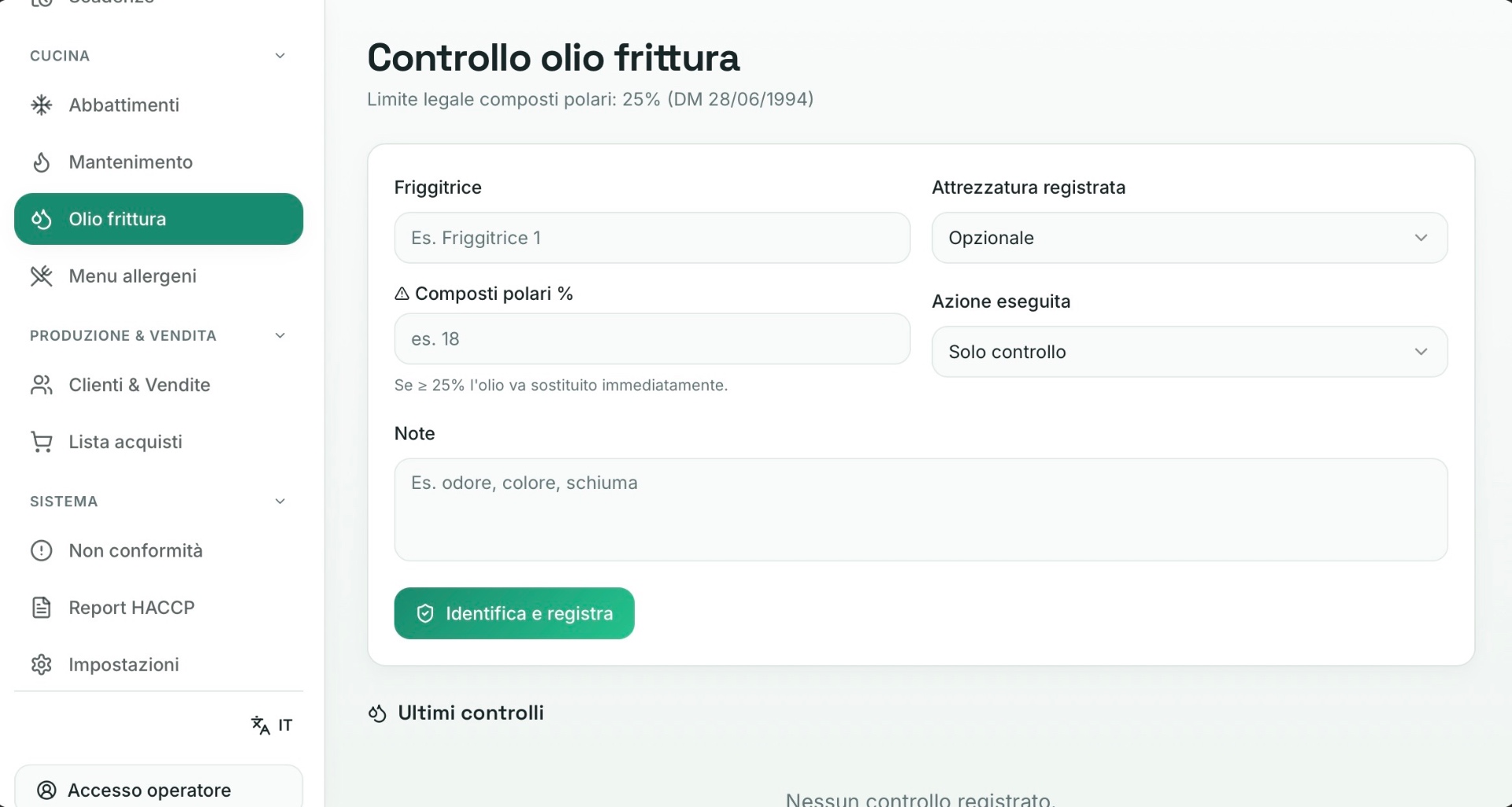Controllo olio frittura con limite legale composti polari