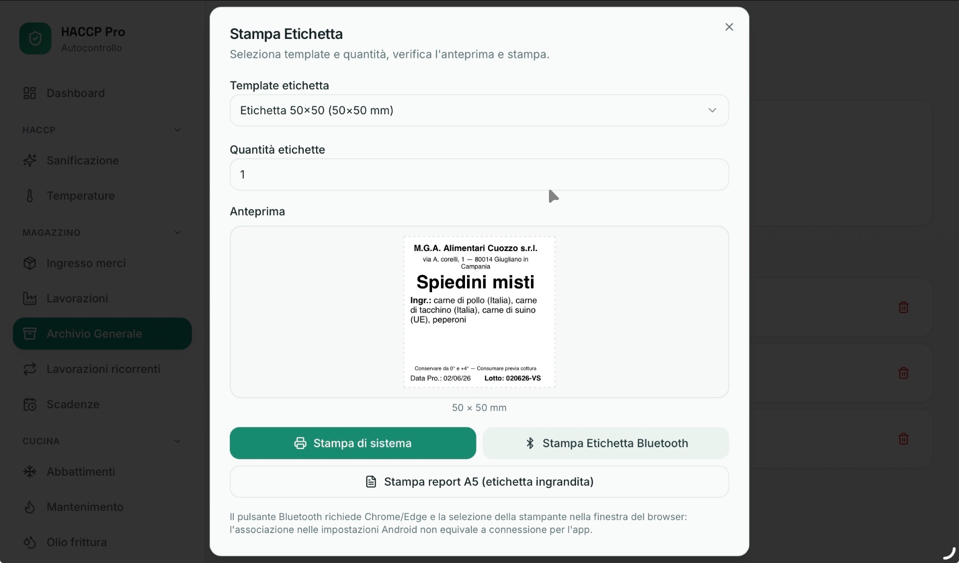 Stampa etichetta a norma UE 1169 da HACCP Trace